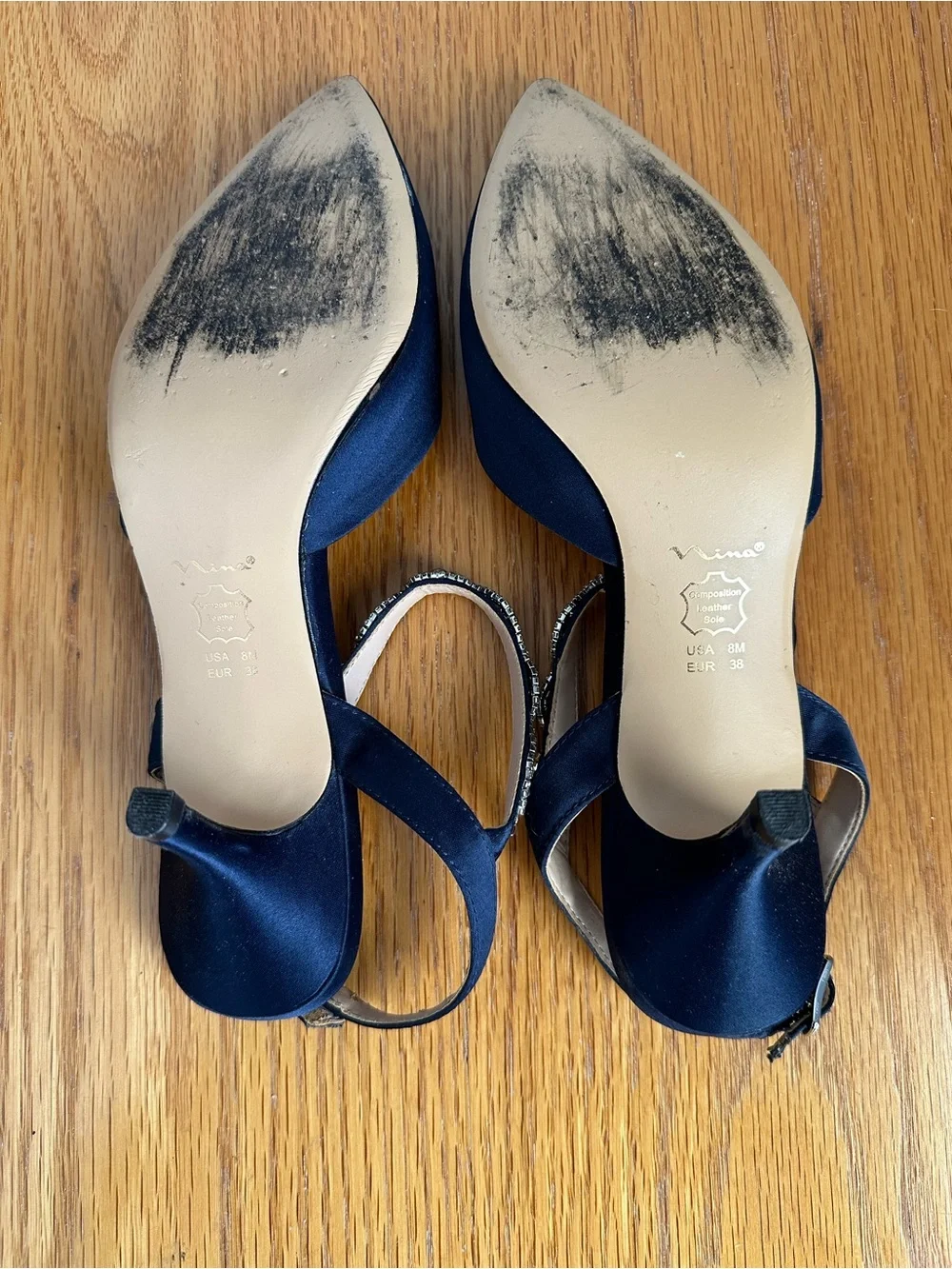 Nina Navy Pointed Toe Slingback Heels with Rhinestone T-Strap - Picture 5 of 5